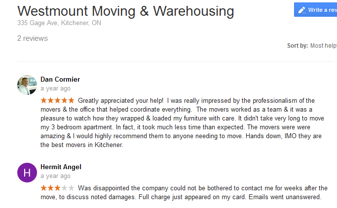 Westmount Moving and Warehousing – Moving reviews