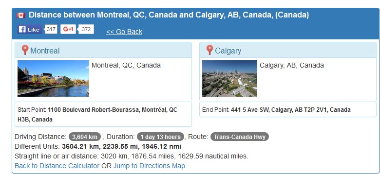 Distance of travel from Montreal to Calgary