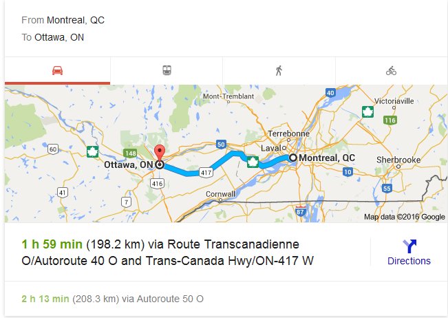 Travel from Montreal to Ottawa – Calculated distance for normal travel