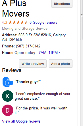 A Plus Movers - Google reviews
