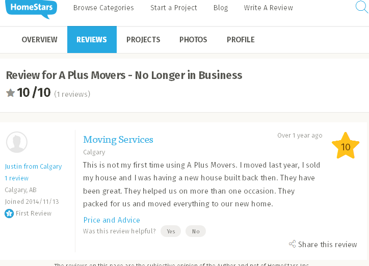 A Plus Movers - Homestars rating