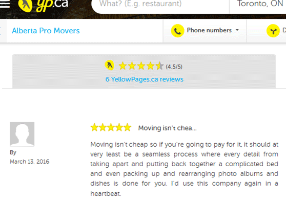 Alberta Pro Movers – Yelp review