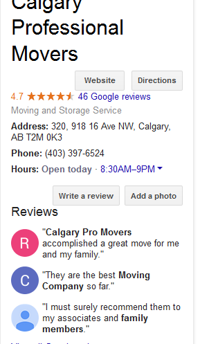 Calgary Professional Movers – Google reviews