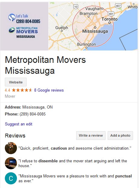 Metropolitan Movers Mississauga – Location and reviews