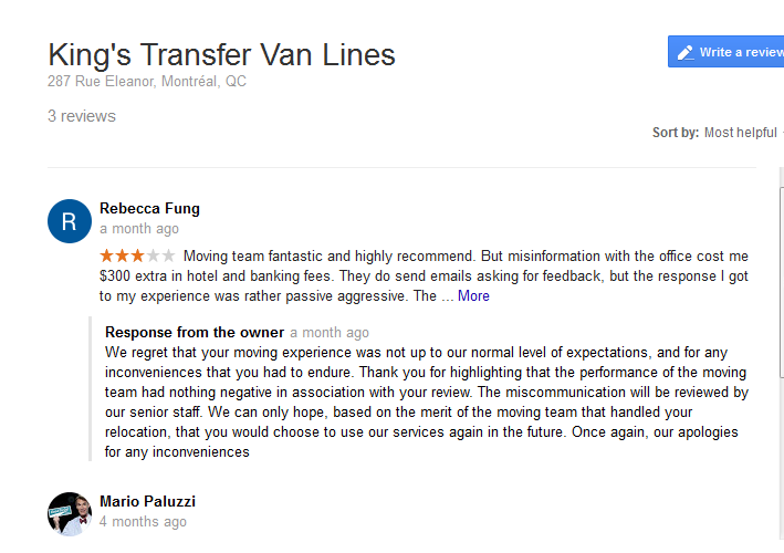 King’s Transfer Van Lines – Google review
