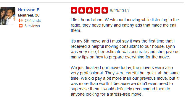 Westmount Moving and Warehousing – YELP review