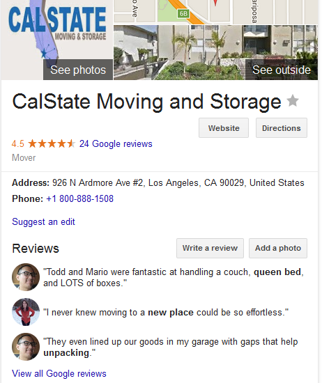Calstate Moving and Storage – Movers’ Location and ratings