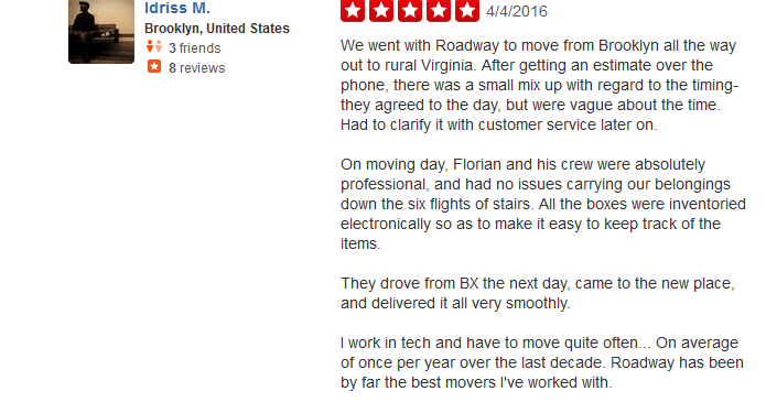 Roadway Moving – Customer review
