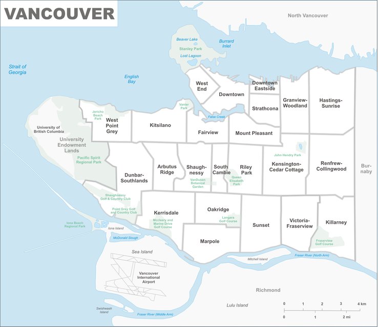 Map of 23 Official Vancouver Neighborhoods By No machine-readable author provided CC BY-SA 3.0