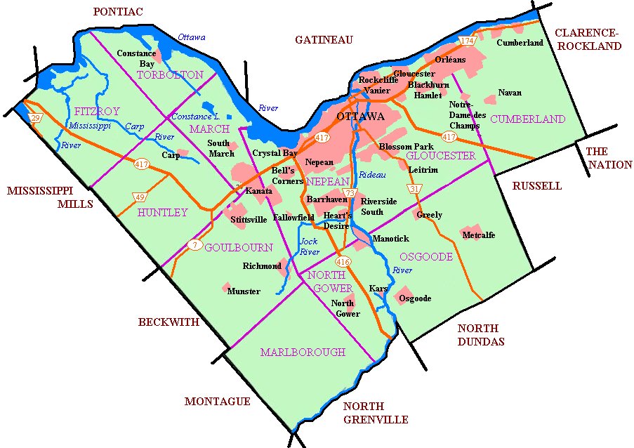 Map of Ottawa’s urban areas, townships, and highways
