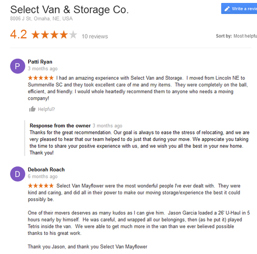 Select Van and Storage - Moving reviews