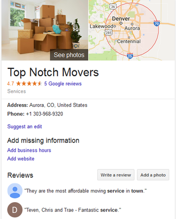 Top Notch Movers – Location and reviews