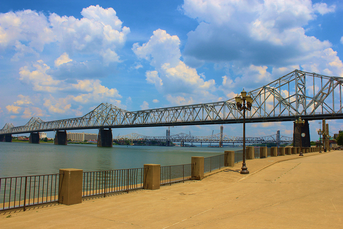Waterfront Walkway along the Ohio River – bridges connect Kentucky and Indiana